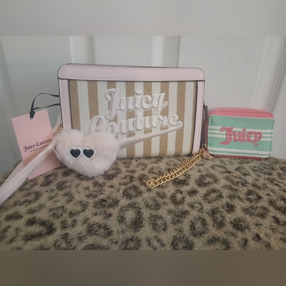 NWT Lot Of 2 Juicy Couture 1 Striped Clutch & 1 Striped Chain Wallet